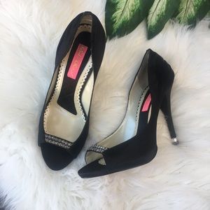 Betsy Johnson black satin gown heels w rhinestone